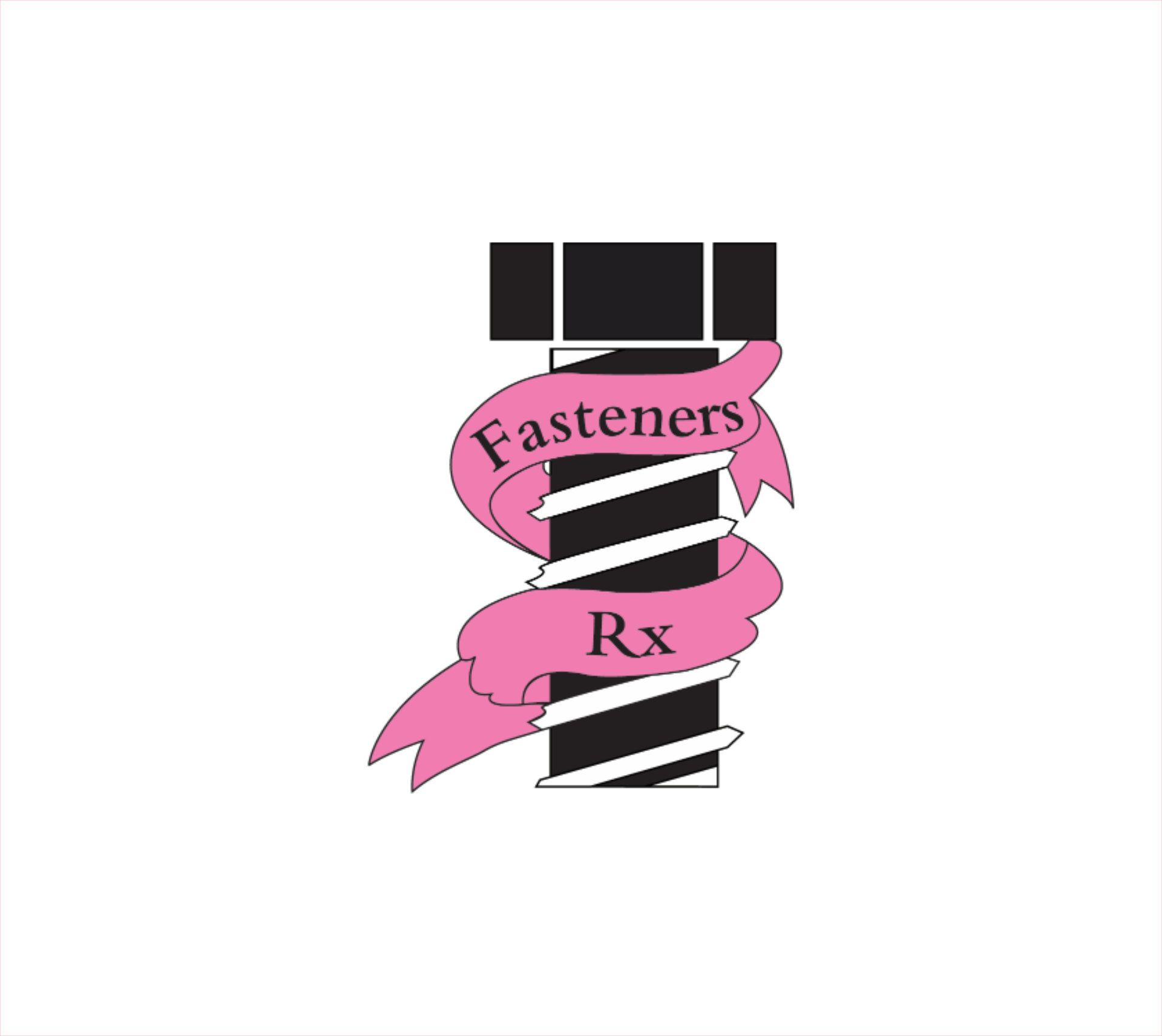 Pink ribbon with the text Fasteners Rx in black draped around a black and white bolt